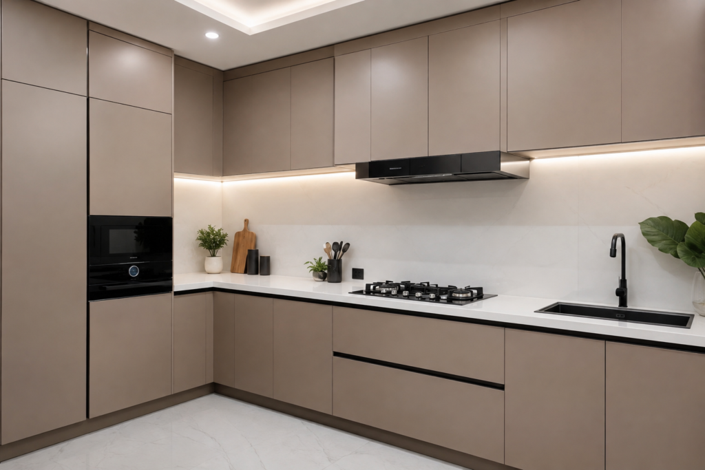 Modern kitchen cabinets with a neutral vinyl wrap finish